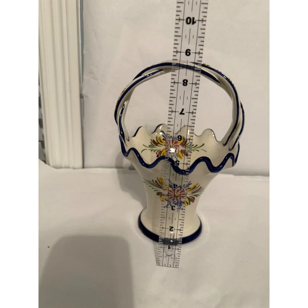 RCCL Portugal Hand Painted Ceramic Floral Basket Vase Twisted Handle Scalloped‎